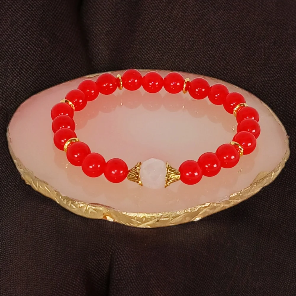 Red Jade & Rose Quartz Crystal Beaded Stretch Bracelet Y2K Mini Mala Lovecore
